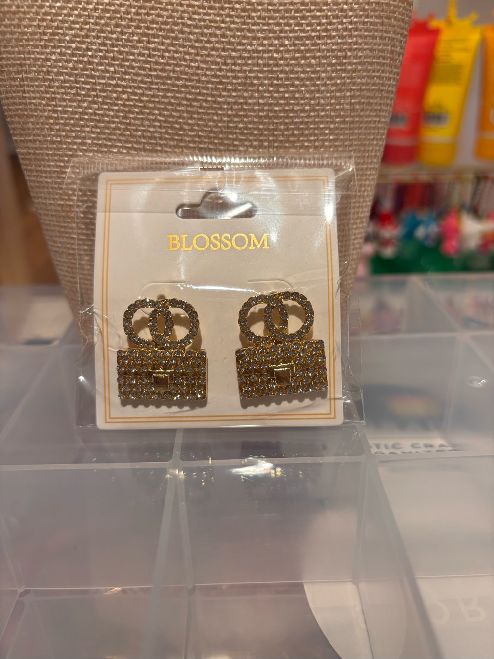 Gold Tone Crystal Handbag Stud Earrings